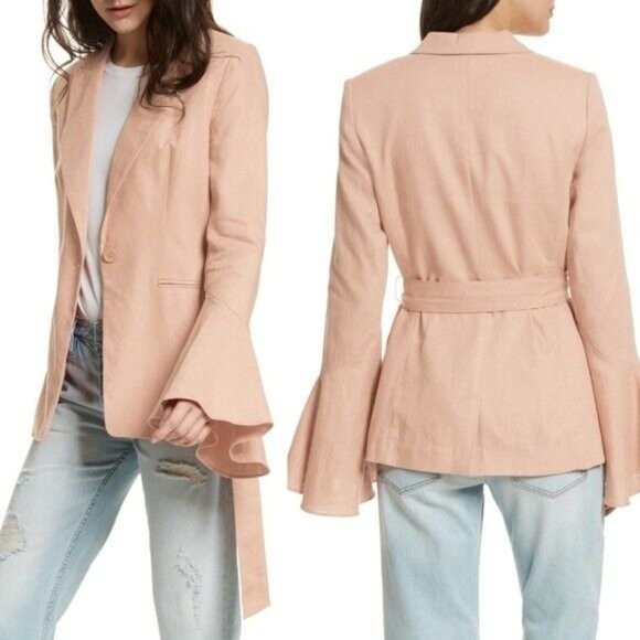Free People Blazer Linen Blush Pink Flared Sleeve Tie Waist - Picture 4 of 12